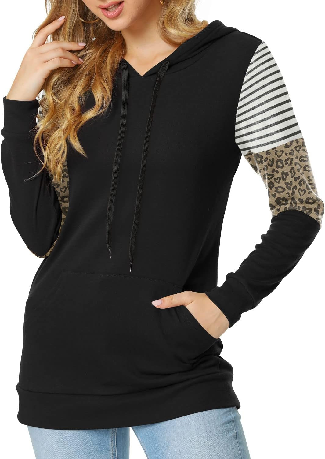 CATHY Women's Casual Color Block Hoodie Sweatshirt with Drawstring, Long Sleeves, and Pocket - Leopard Sleeve Design, Black, Size M