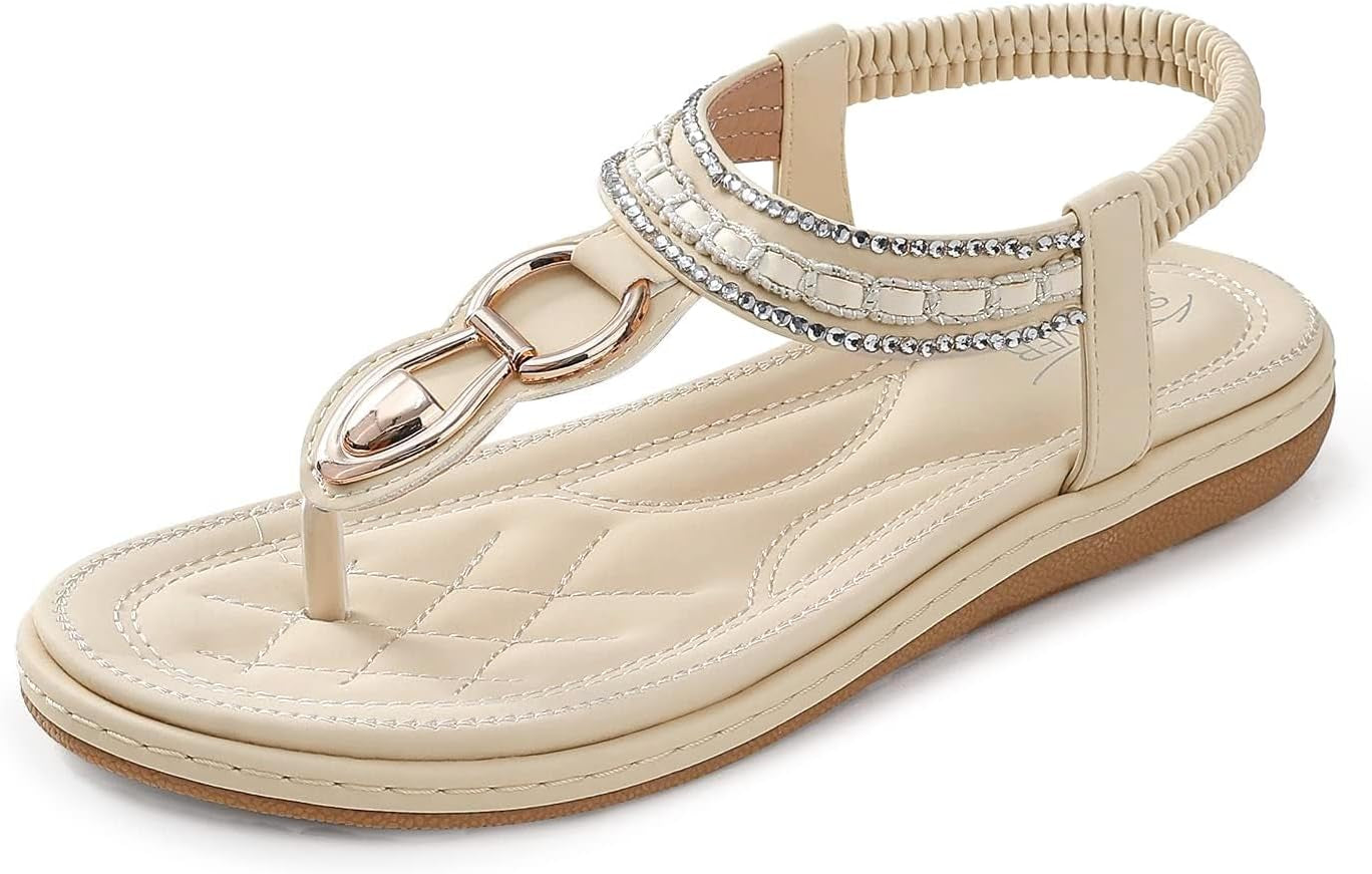 SHIBEVER Women's Elegant Summer Sandals: Comfortable Flat Bohemian T-Strap Casual Footwear