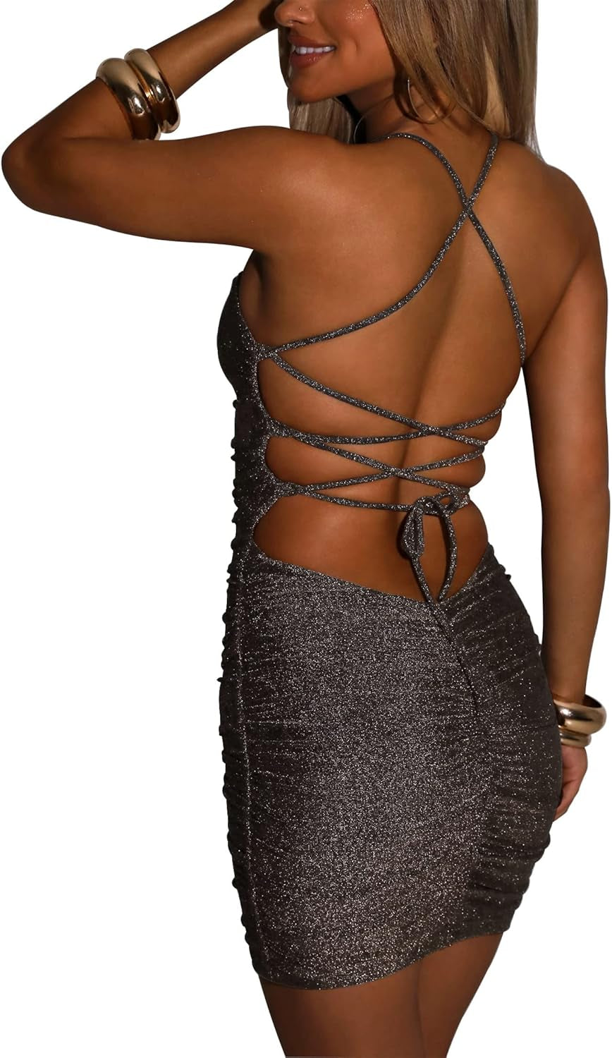 FV RELAY Women's Glitter Bandage Bodycon Sleeveless Mini Dress for Club and Party Events