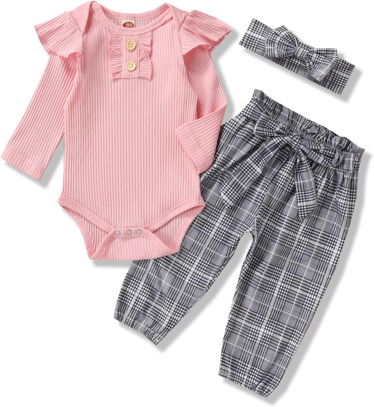 Adorable Kislio Newborn Baby Girls Outfit Set - Ribbed Ruffled Romper, Floral Pants & Matching Headband