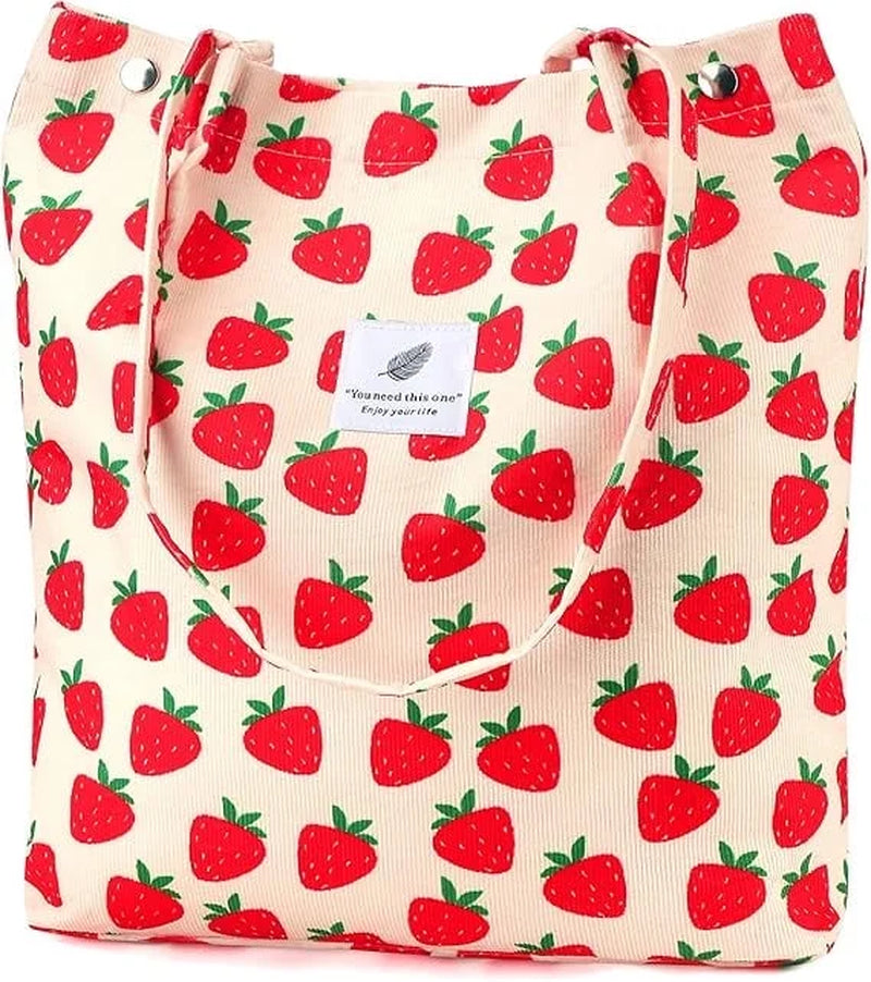 Stylish Strawberry Corduroy Tote Bag for Women - Canvas Shoulder Purse with Inner Pocket