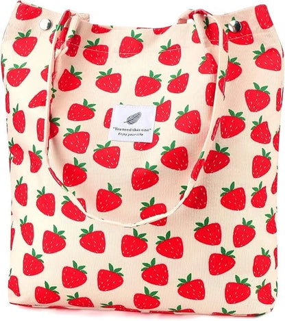 Stylish Strawberry Corduroy Tote Bag for Women - Canvas Shoulder Purse with Inner Pocket