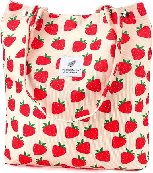 Stylish Strawberry Corduroy Tote Bag for Women - Canvas Shoulder Purse with Inner Pocket