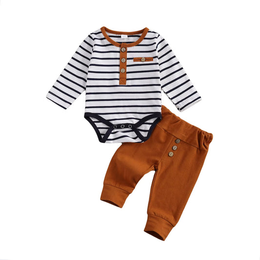 2-Piece Baby Casual Outfit Set Featuring Round Neck Long Sleeve Striped Romper and Button Detail Loose Trousers