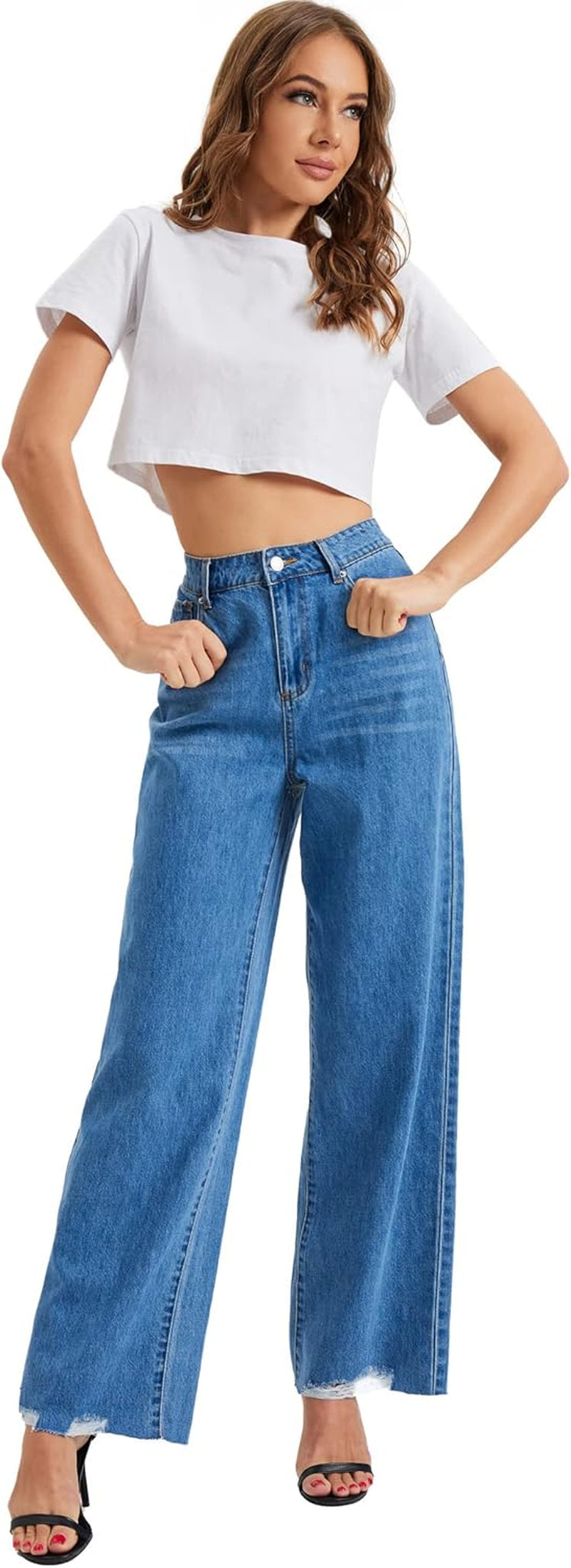 Women's High-Waist Wide Leg Denim Jeans - Casual Straight Leg Cropped Pants
