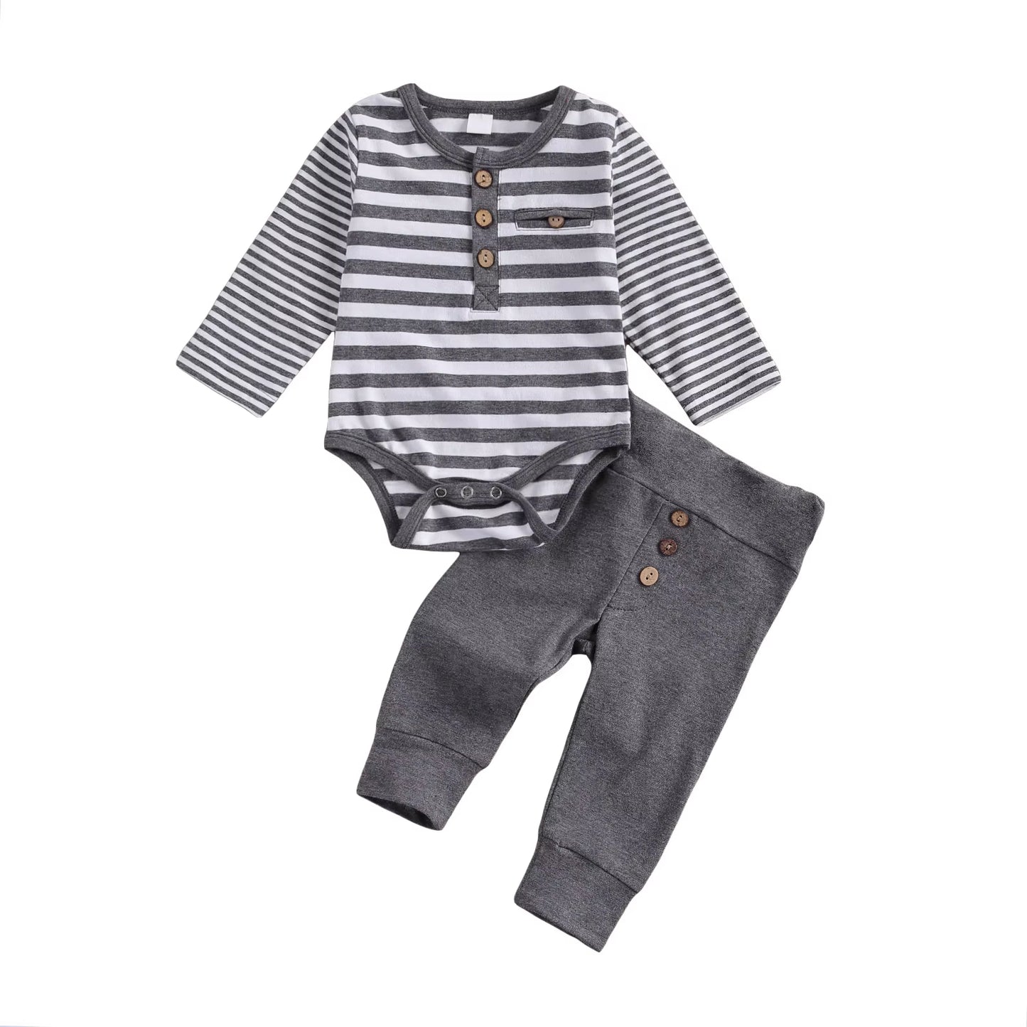 2-Piece Baby Casual Outfit Set Featuring Round Neck Long Sleeve Striped Romper and Button Detail Loose Trousers