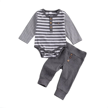 2-Piece Baby Casual Outfit Set Featuring Round Neck Long Sleeve Striped Romper and Button Detail Loose Trousers