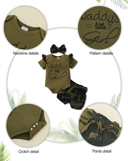 Adorable Newborn Baby Girl Floral 3-Piece Outfit Set - Short Sleeve Romper, Shorts & Matching Headband