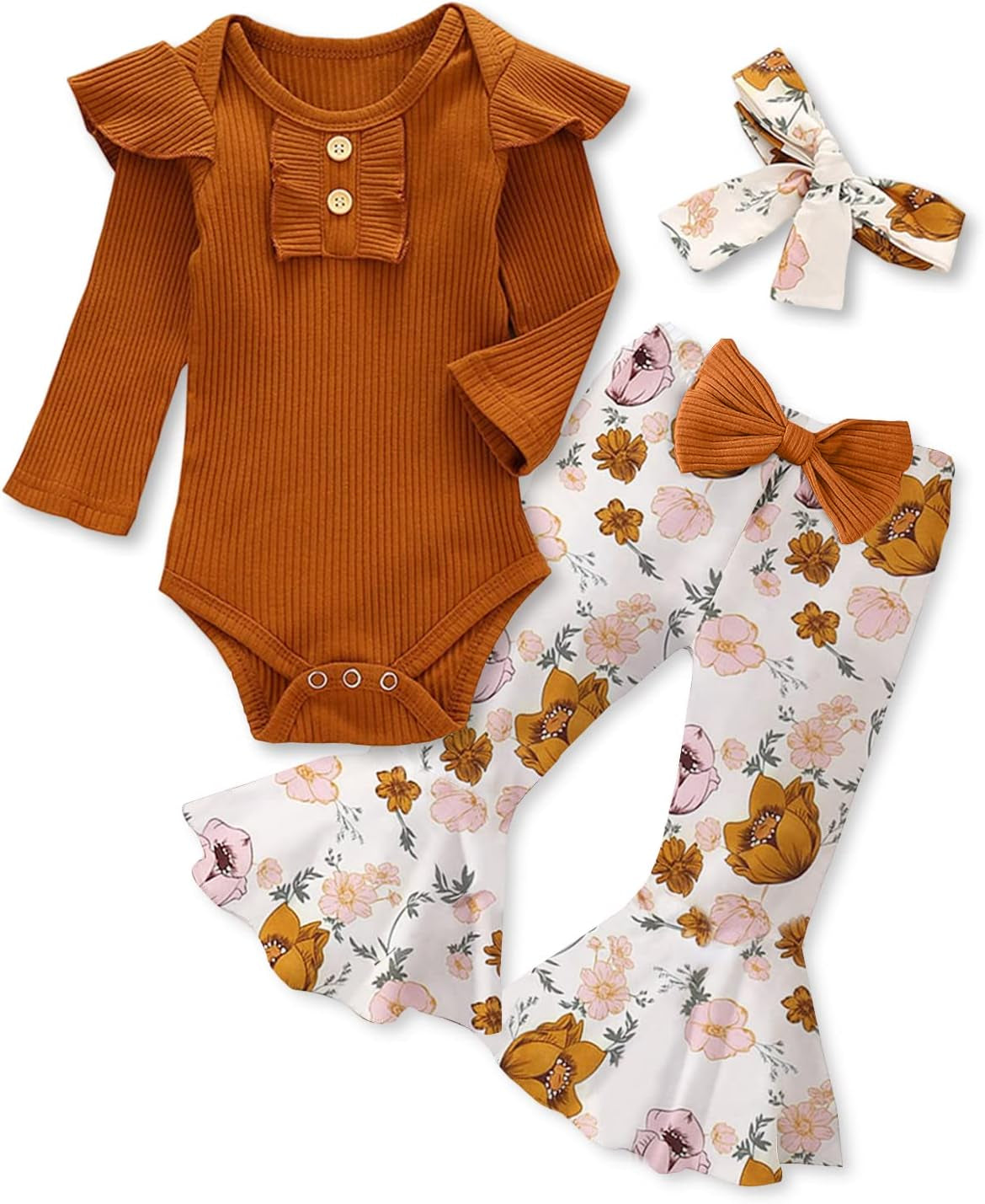 Adorable Kislio Newborn Baby Girls Outfit Set - Ribbed Ruffled Romper, Floral Pants & Matching Headband