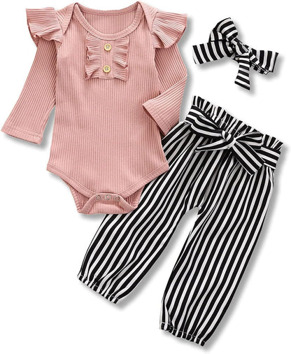 Adorable Kislio Newborn Baby Girls Outfit Set - Ribbed Ruffled Romper, Floral Pants & Matching Headband