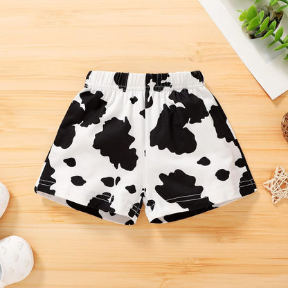 Adorable Summer Cow Print Romper & Shorts Set for Baby Girls - Embroidered Design!