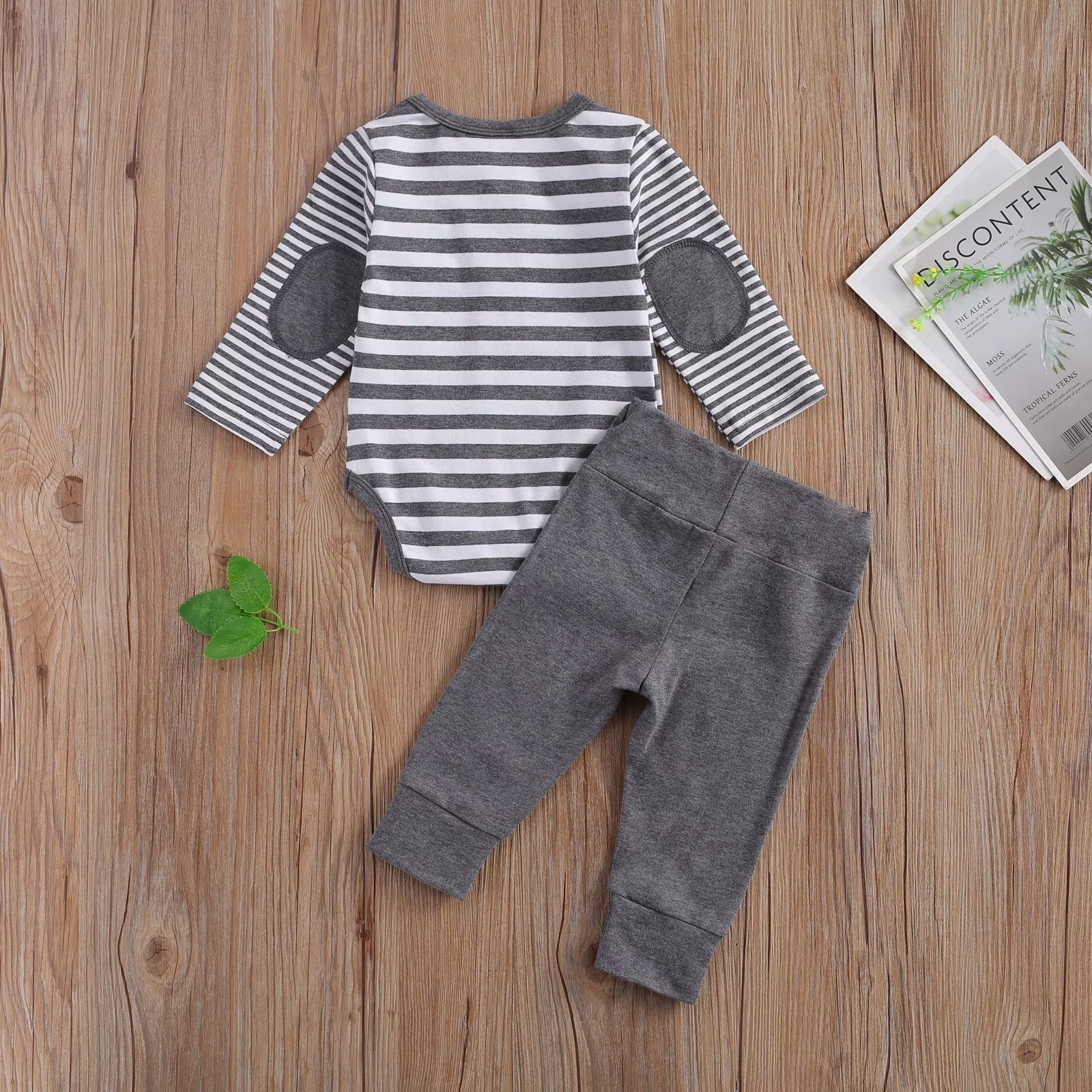 2-Piece Baby Casual Outfit Set Featuring Round Neck Long Sleeve Striped Romper and Button Detail Loose Trousers