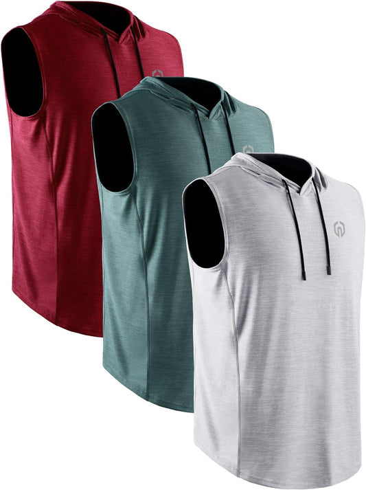 NELEUS Men's 3-Pack Hooded Athletic Tank Tops - Perfect for Muscle Workouts, Red/Light Green/Light Grey, Available in US 2XL & EU 3XL