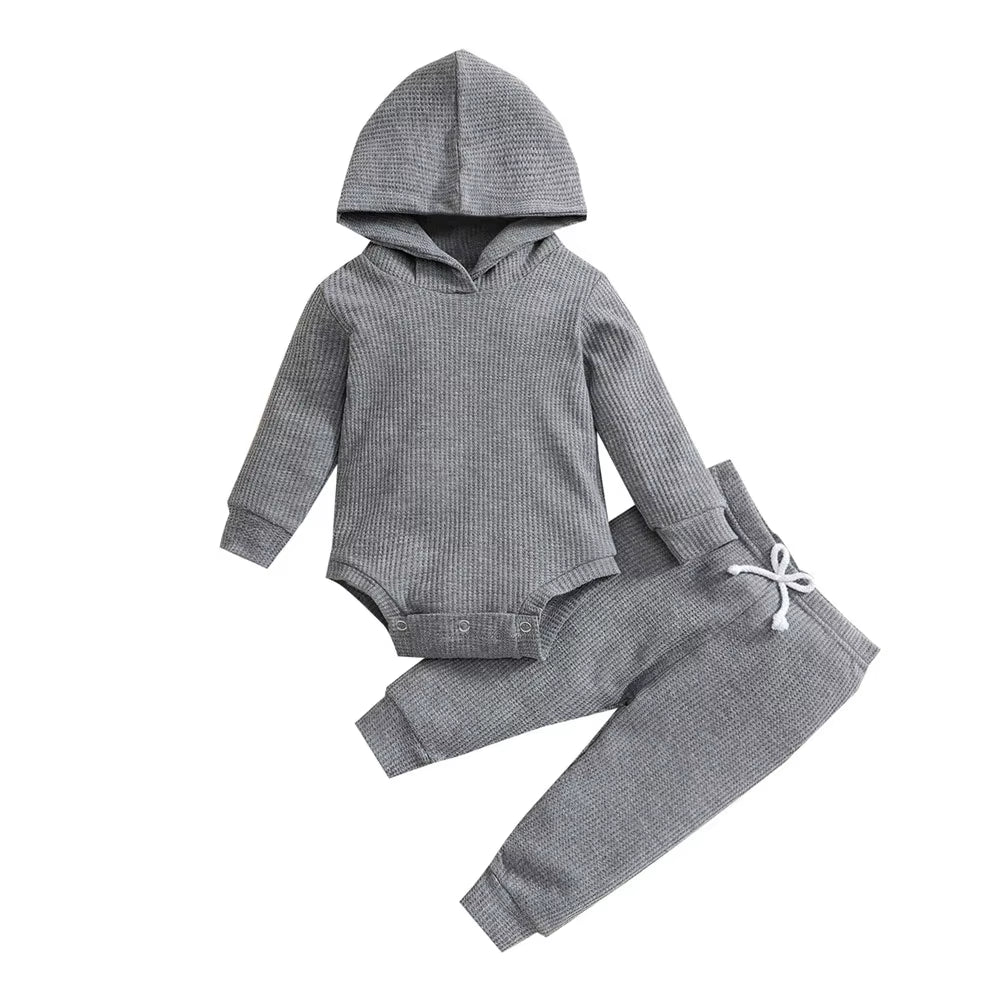 Hooded Jumpsuit and Trousers Set for Newborns in Solid Colors for Boys and Girls