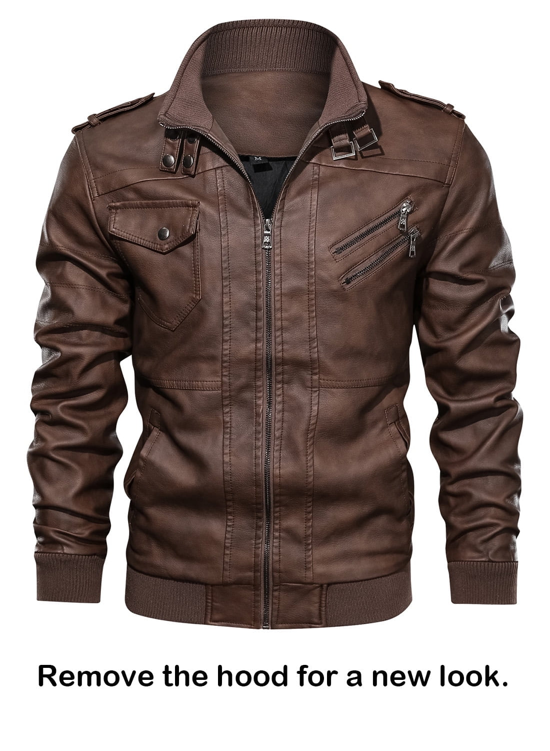 Men's Brown PU Faux Leather Jacket with Removable Hood, Size 2XL