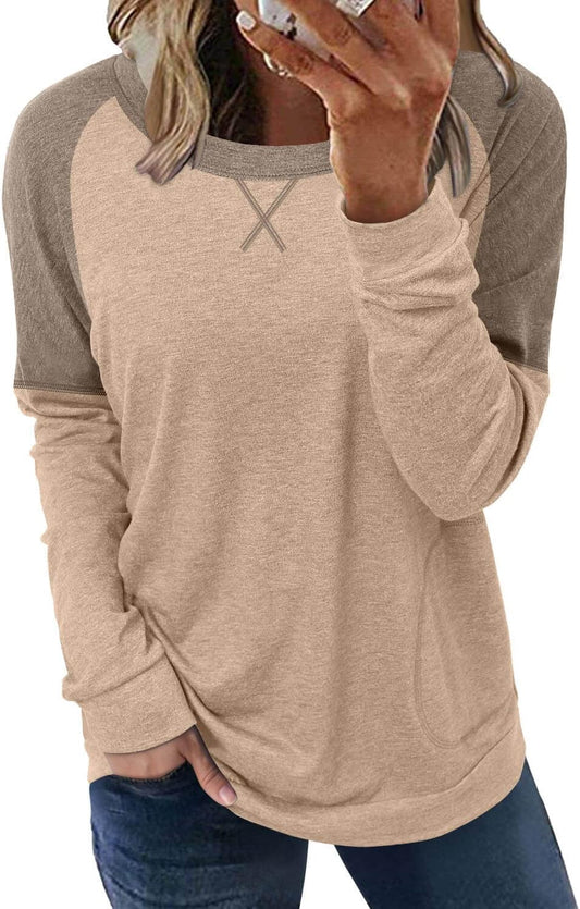 ONLYSHE Women's Long Sleeve Crewneck Sweatshirt with Pocket in Beige Brown, Size M