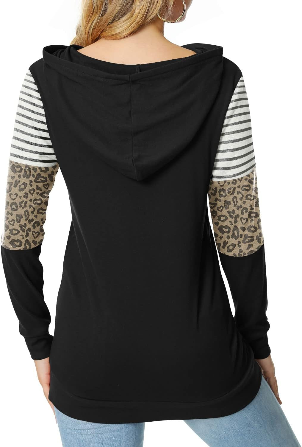 CATHY Women's Casual Color Block Hoodie Sweatshirt with Drawstring, Long Sleeves, and Pocket - Leopard Sleeve Design, Black, Size M