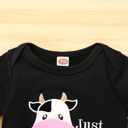 Adorable Summer Cow Print Romper & Shorts Set for Baby Girls - Embroidered Design!