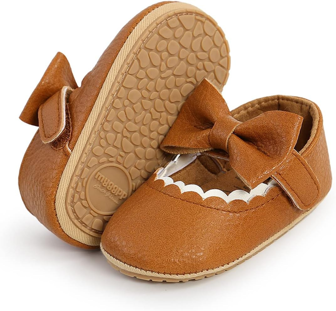 LAFEGEN Adorable Infant Girls' Mary Jane Flats with Bow Knot - Non-Slip Soft Sole PU Leather First Walker Dress Shoes