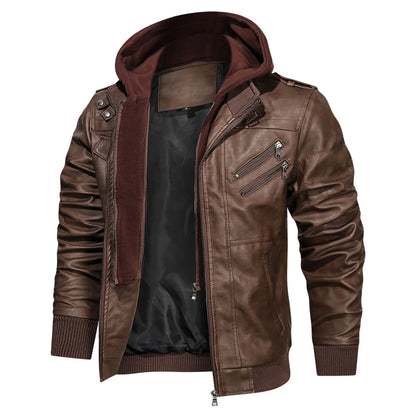 Men's Brown PU Faux Leather Jacket with Removable Hood, Size 2XL