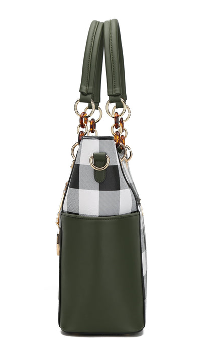 Bonita Checker Vegan Leather Tote Bag & Wristlet Wallet Set - Stylish Cognac Handbag by Mia K.