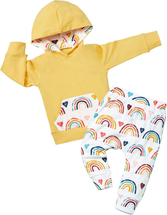Adorable KANGKANG Newborn Baby Girl 2PC Outfit Set - Cute Hoodie & Rainbow Pants for Infants 0-6 Months