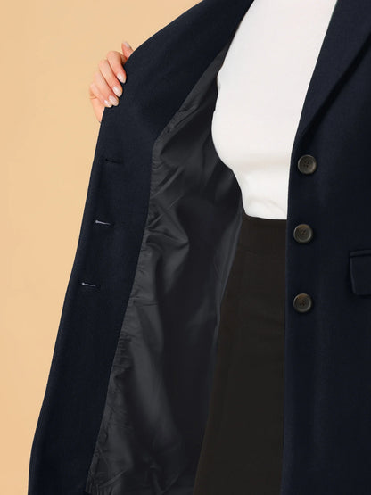 Women's Notched Lapel Long Sleeve Single Breasted Peacoat in Dark Blue - Fall/Winter Collection, Size XL