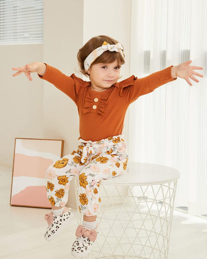 Adorable Kislio Newborn Baby Girls Outfit Set - Ribbed Ruffled Romper, Floral Pants & Matching Headband