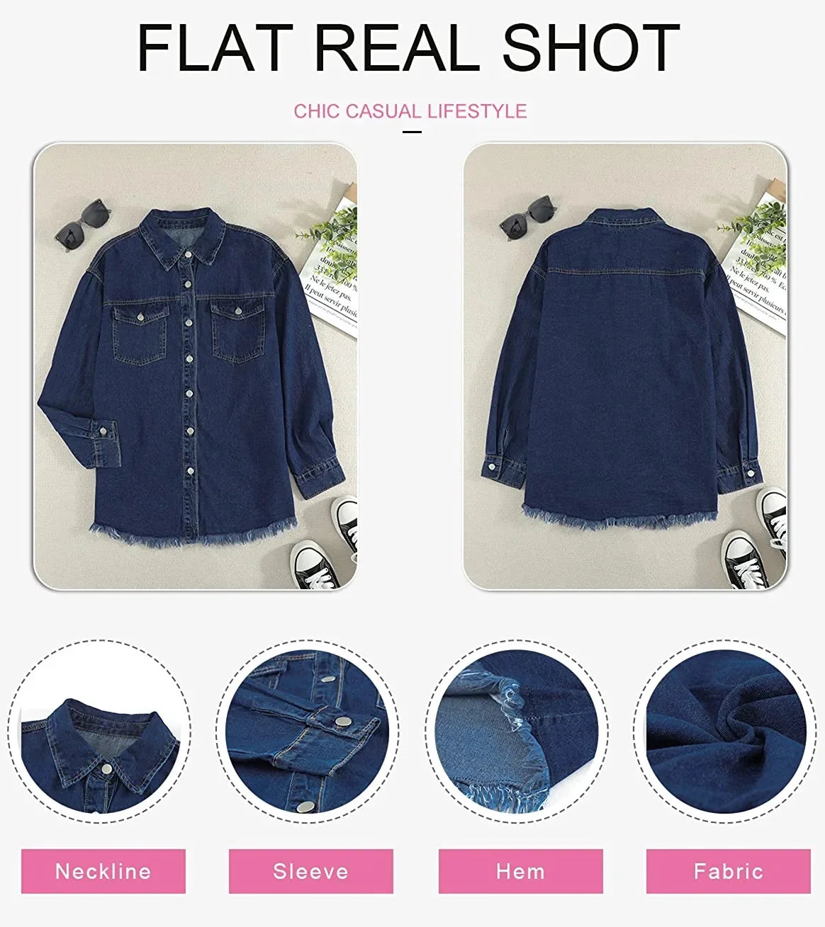 Women's Casual Long Sleeve Denim Jacket - Distressed Button-Down Boyfriend Shacket in Green