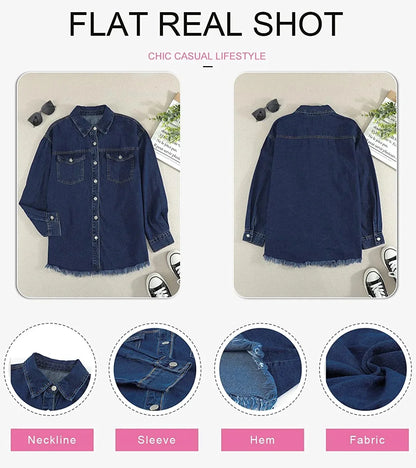 Women's Casual Long Sleeve Denim Jacket - Distressed Button-Down Boyfriend Shacket in Green