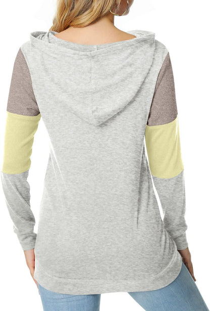 CATHY Women's Casual Color Block Long Sleeve Pullover Hoodie Tunic with Pocket