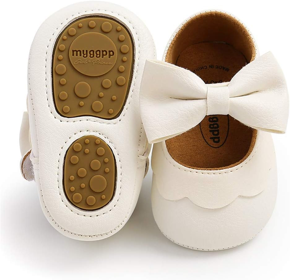 LAFEGEN Adorable Infant Girls' Mary Jane Flats with Bow Knot - Non-Slip Soft Sole PU Leather First Walker Dress Shoes