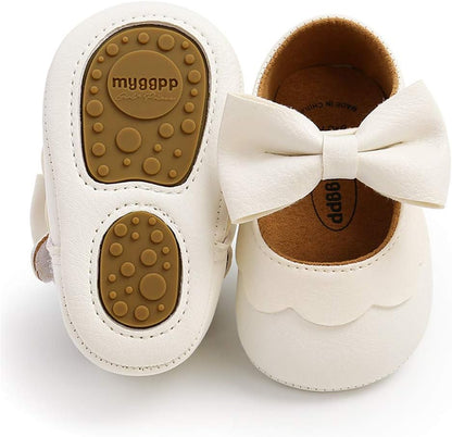 LAFEGEN Adorable Infant Girls' Mary Jane Flats with Bow Knot - Non-Slip Soft Sole PU Leather First Walker Dress Shoes