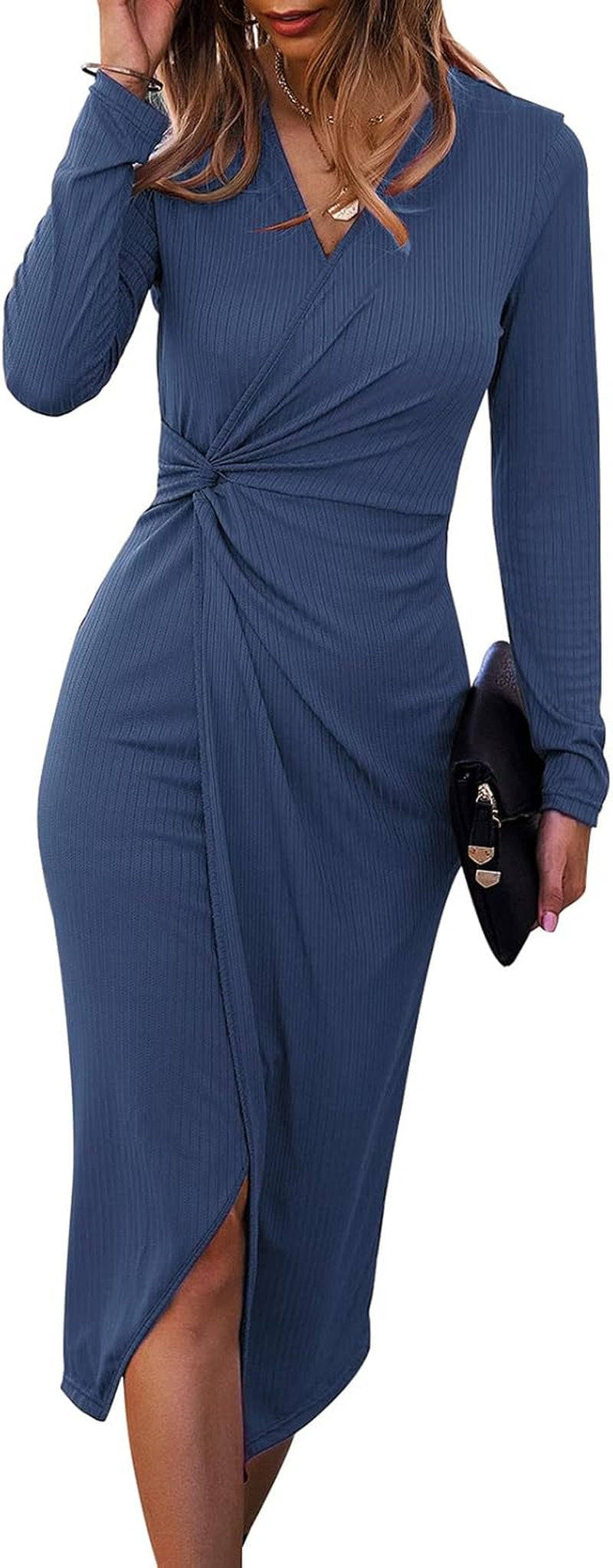 SHIBEVER Women's Long Sleeve Midi Dress: Casual V-Neck Ribbed Knit Bodycon with Twist Waist and Slit for Cocktail Events