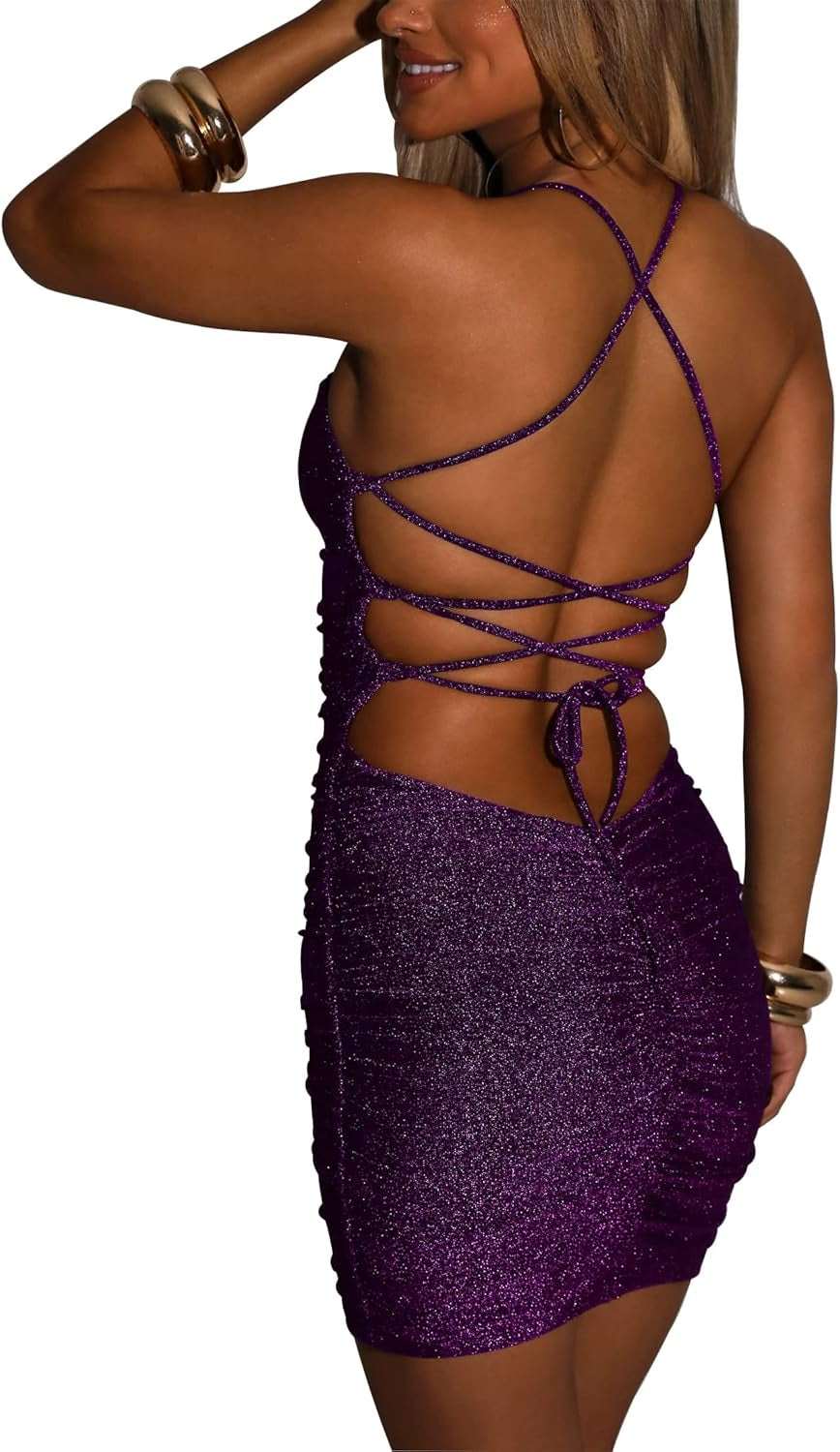 FV RELAY Women's Glitter Bandage Bodycon Sleeveless Mini Dress for Club and Party Events