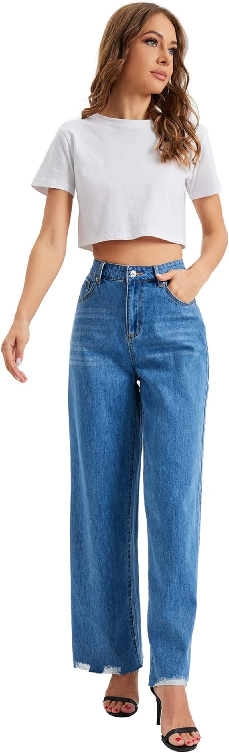 Women's High-Waist Wide Leg Denim Jeans - Casual Straight Leg Cropped Pants