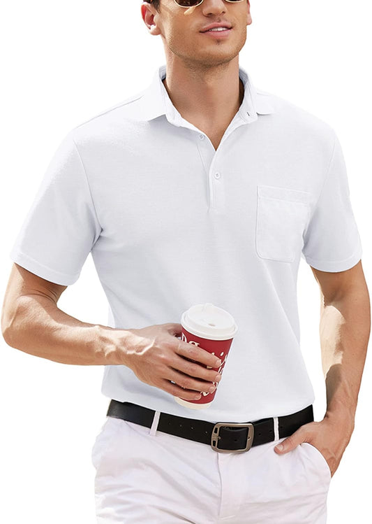 COOFANDY Men's Slim Fit White Cotton Pique Golf Polo Shirt - Perfect for Style and Comfort