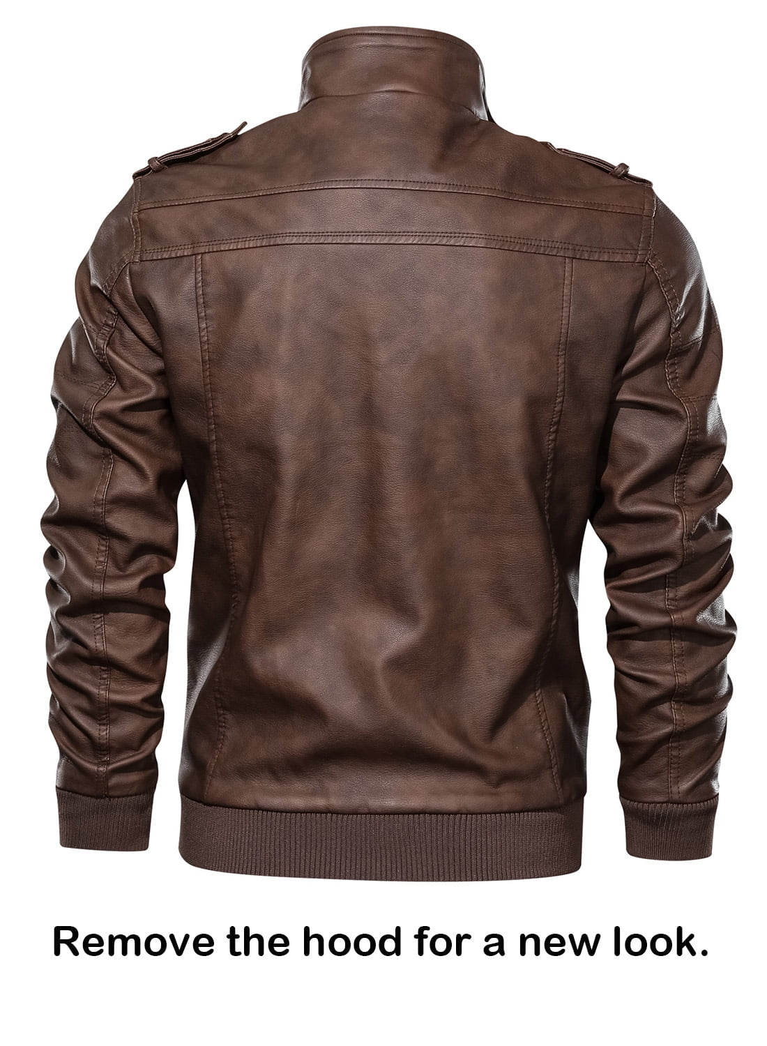 Men's Brown PU Faux Leather Jacket with Removable Hood, Size 2XL