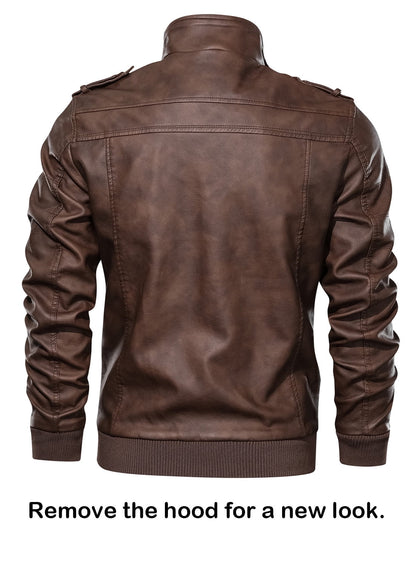 Men's Brown PU Faux Leather Jacket with Removable Hood, Size 2XL