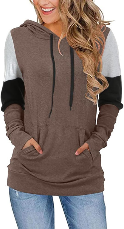 CATHY Women's Casual Color Block Long Sleeve Pullover Hoodie Tunic with Pocket