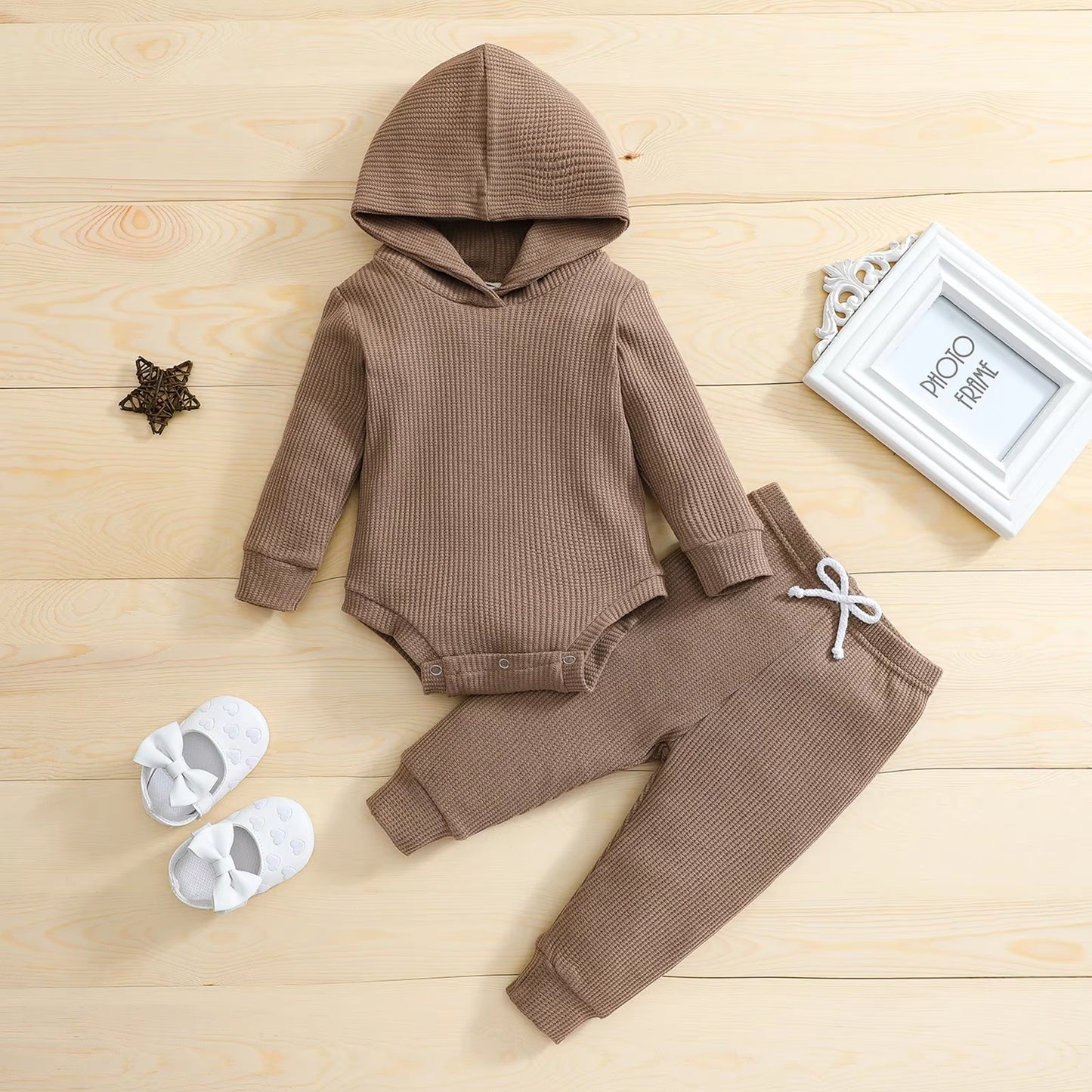 Hooded Jumpsuit and Trousers Set for Newborns in Solid Colors for Boys and Girls