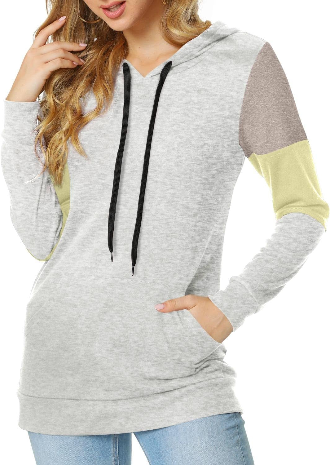 CATHY Women's Casual Color Block Long Sleeve Pullover Hoodie Tunic with Pocket