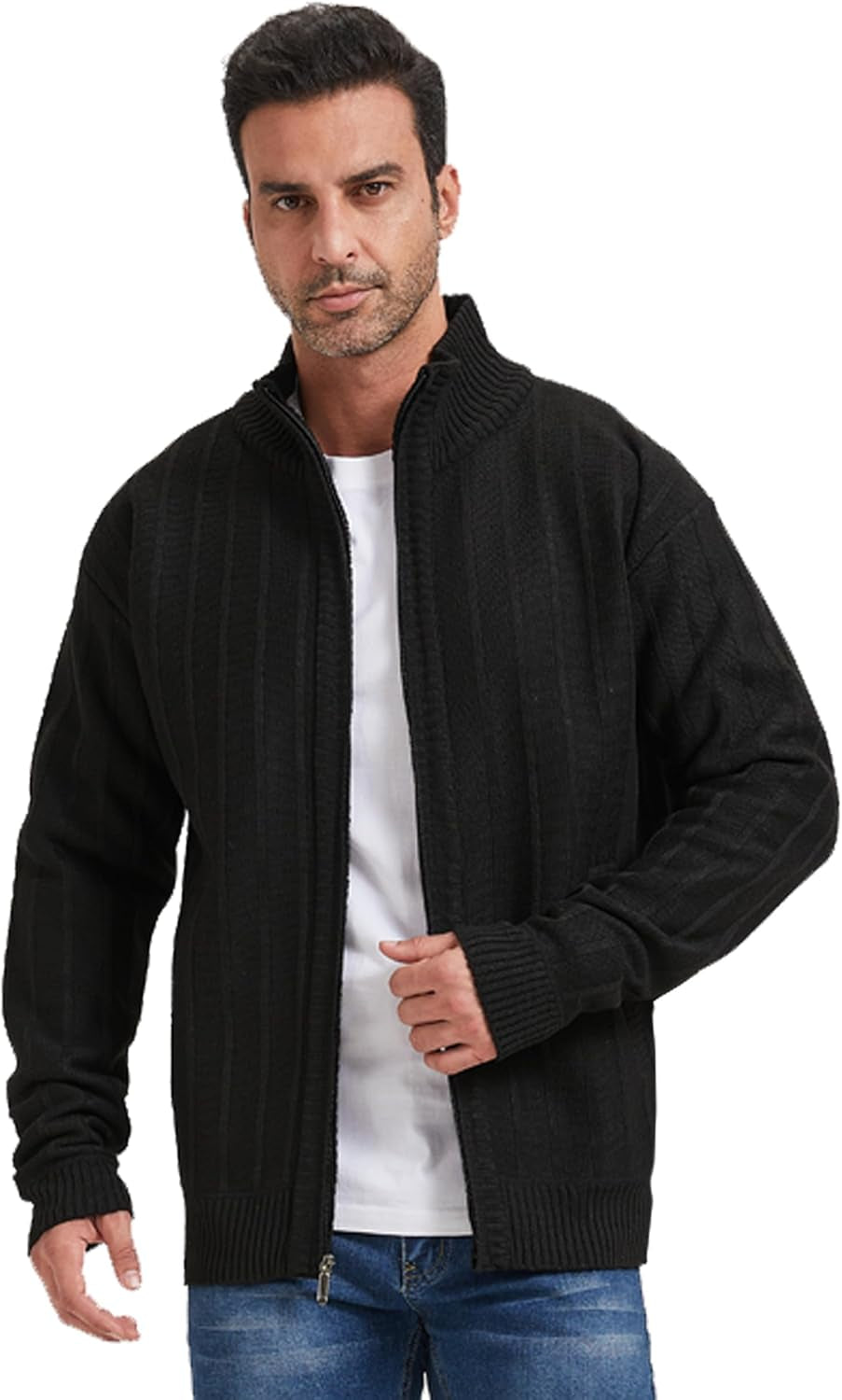 Xinyangni Men's Slim Fit Thick Knitted Cardigan with Full Zip and Pockets