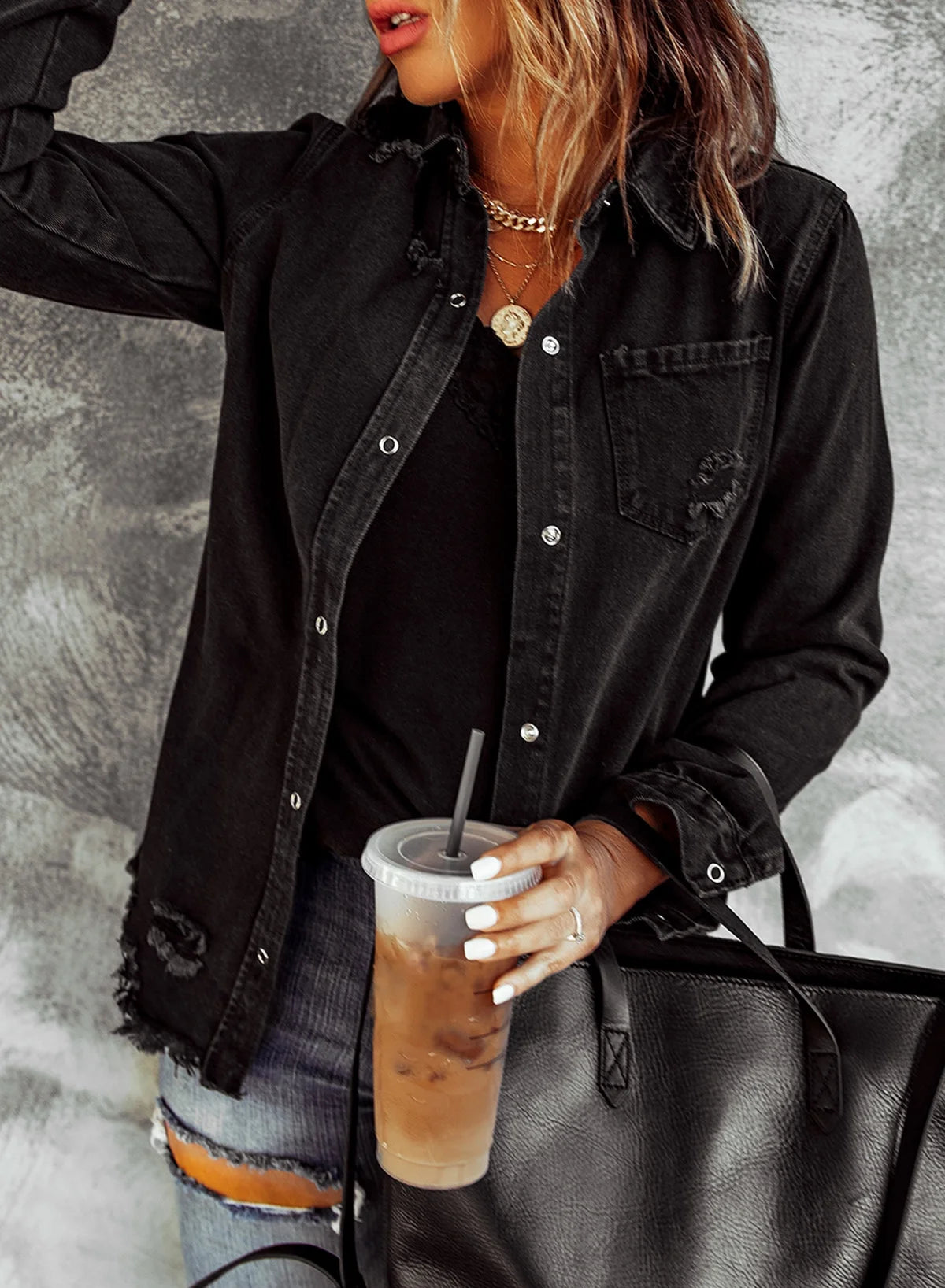 Petite Women's Casual Long Boyfriend Distressed Denim Jacket - Size L