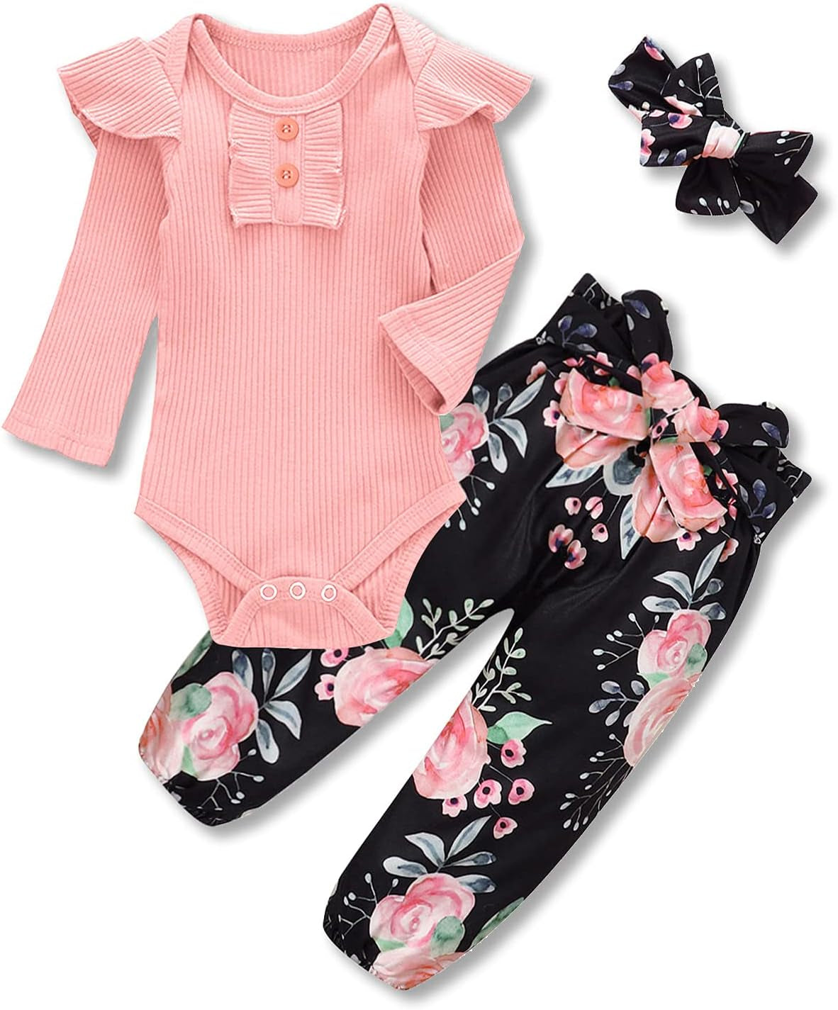 Adorable Kislio Newborn Baby Girls Outfit Set - Ribbed Ruffled Romper, Floral Pants & Matching Headband