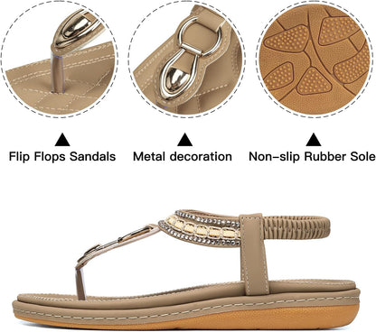 SHIBEVER Women's Elegant Summer Sandals: Comfortable Flat Bohemian T-Strap Casual Footwear