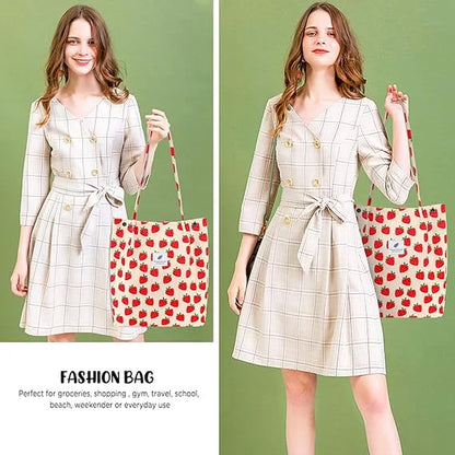 Stylish Strawberry Corduroy Tote Bag for Women - Canvas Shoulder Purse with Inner Pocket