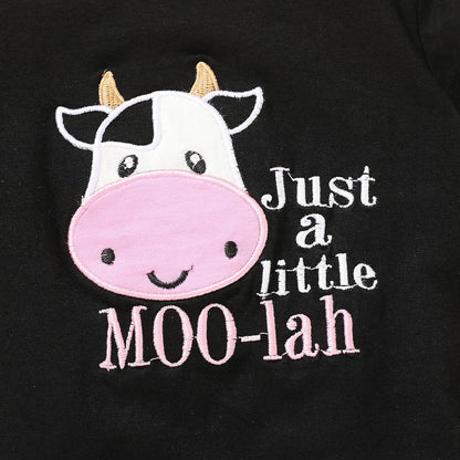 Adorable Summer Cow Print Romper & Shorts Set for Baby Girls - Embroidered Design!
