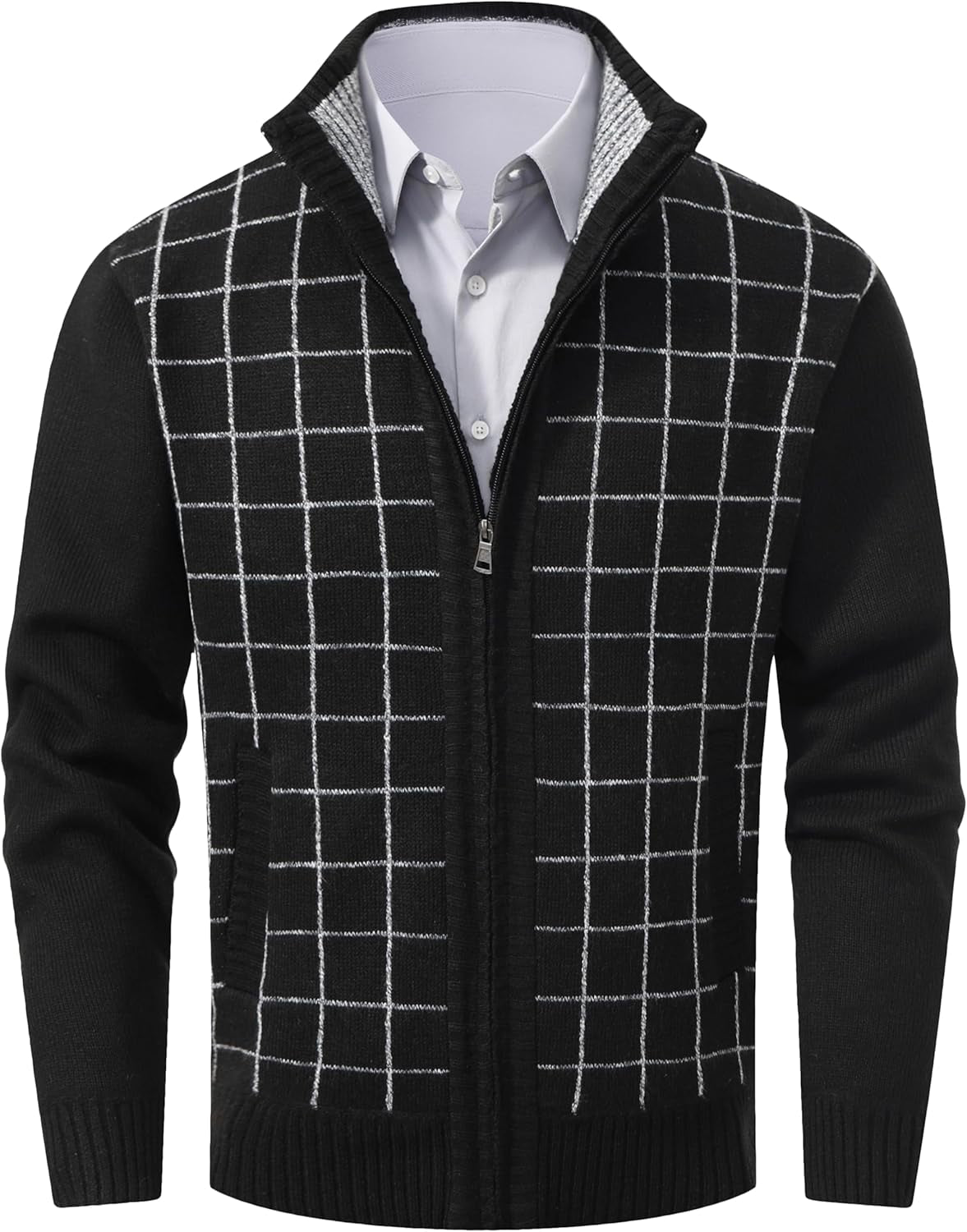 Men's Casual Full-Zip Knitted Cardigan Sweater with Pockets by Vtuaol