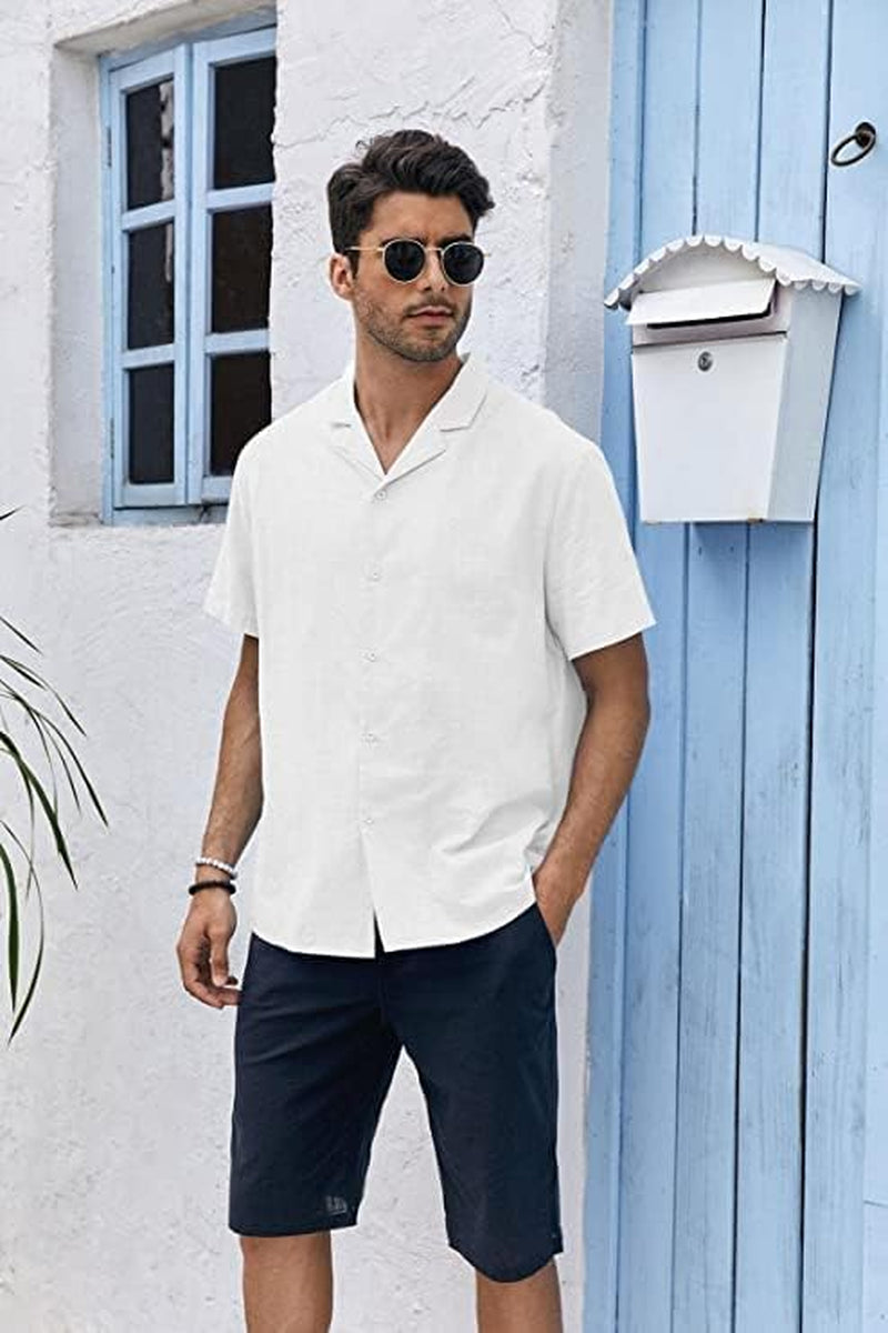 Rorina Men's White Short Sleeve Cotton Linen Camp Shirt - Perfect Casual Summer Beachwear